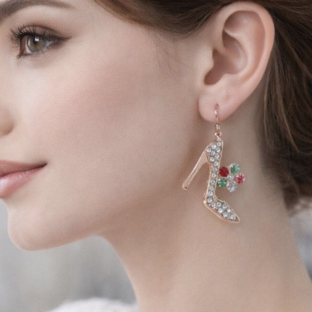 High Heel Earrings with Crystals and Flower, lightweight and long-lasting 5 cm.